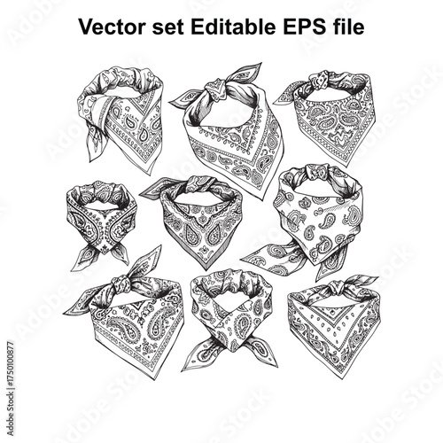 Vector art of collection of nine handdrawn bandanas with paisley patterns, tied in various ways, isolated on a, representing fashion accessories and textile designs, editable eps file format