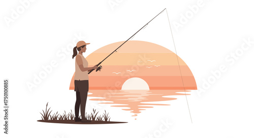 Woman fishing at sunset enjoying a peaceful evening by the water.