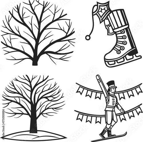Diverse electrical utility poles and bare tree silhouettes collection isolated on transparent background