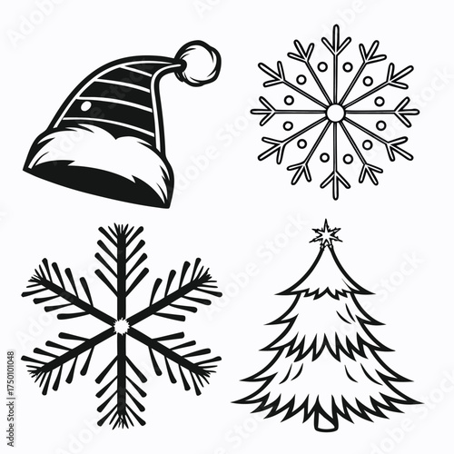 Hand drawn christmas icons set santa hat snowflake pine tree decorative elements isolated on transparent background