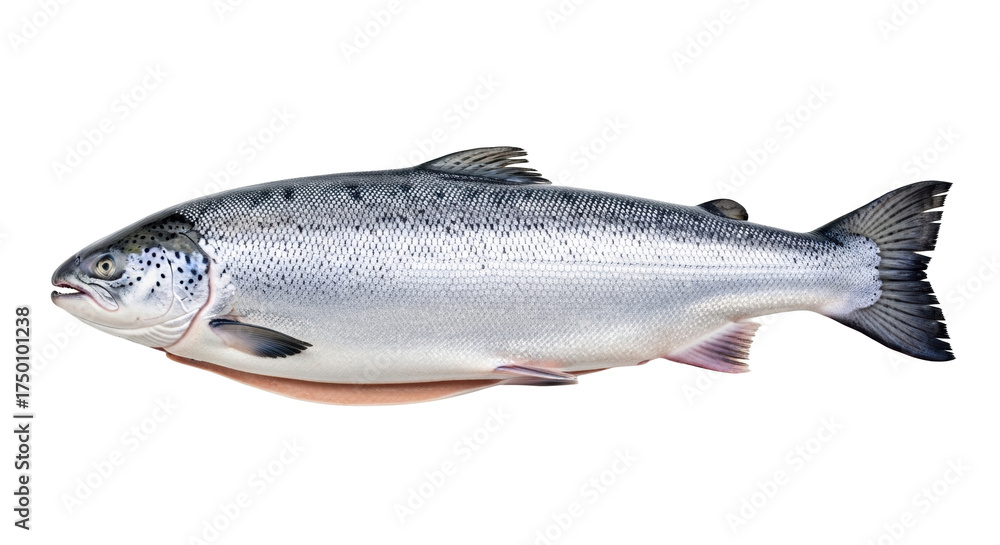 Obraz premium Pristine Atlantic salmon with glistening silver-sapphire scales, dark spots, and splayed fins, on a seamless transparent background with copy space. Concept of fresh seafood and healthy eating