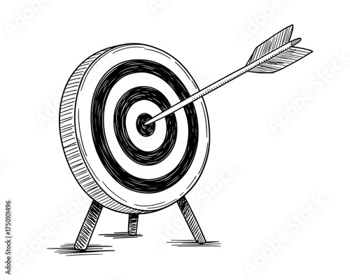 Hand drawn target with arrow hitting bullseye illustration symbolizing success and achievement in business and personal goals sketch