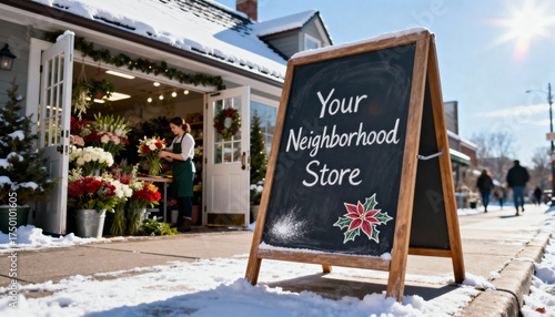 Festive neighborhood store with chalkboard sign reading 