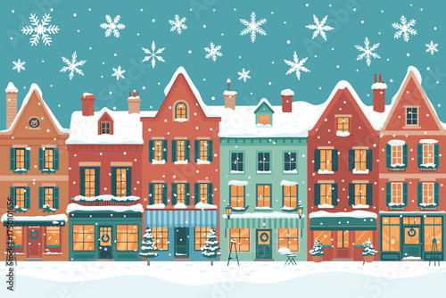 Festive Winter Townscape with Snowfall and Cozy Illuminated Buildings Holiday Season Illustration