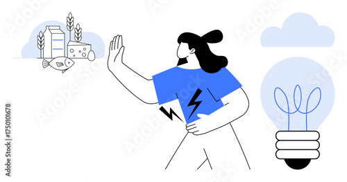 Female figure holding stomach while avoiding dairy, fish, and gluten light bulb with sprouting plants symbolizes sustainable ideas. Ideal for health, sustainability, allergy awareness, conscious