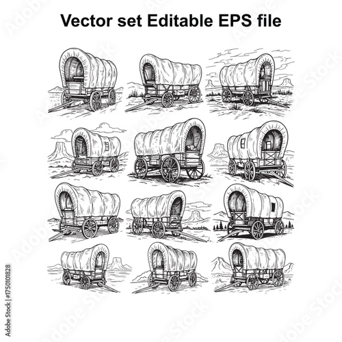 Vector art of set of twelve handdrawn covered wagons in different perspectives and settings, isolated on a, depicting historical transportation and pioneer life, editable eps file format
