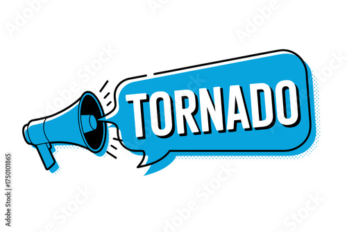 Tornado Warning Alert from Megaphone in Blue and White Graphic Style Urging Awareness and Safety Precautions during Severe Weather