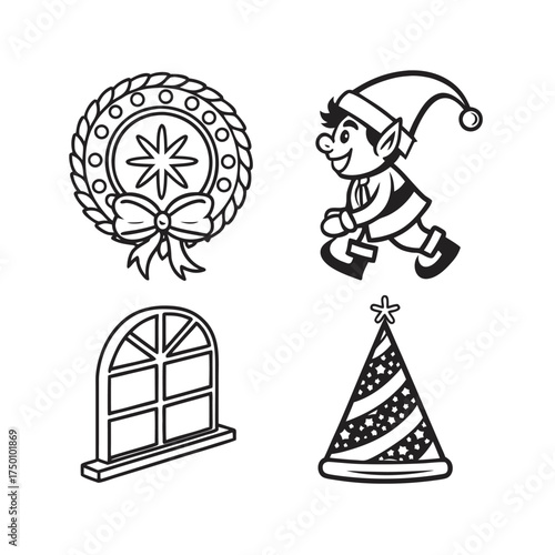 Set of four festive holiday icons including wreath santa claus window and christmas tree isolated on transparent background