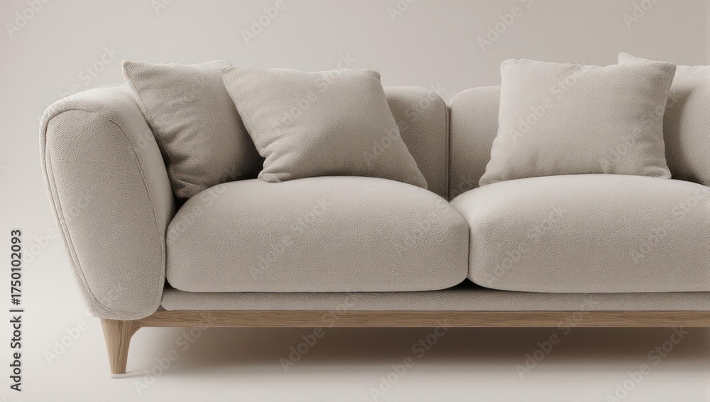Fototapeta premium A plush, neutral-toned modern sofa with soft cushions, wood base, against a solid background