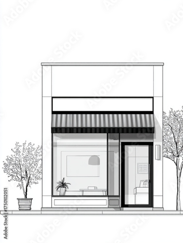Architectural line drawing of a modern storefront facade.