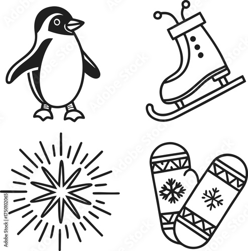 Cute penguin festive stocking mittens snowflake collection festive symbols for winter holidays isolated on transparent background