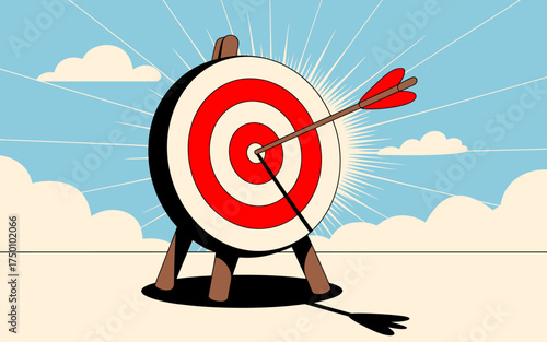 Arrow hitting the bulls eye on a target board illustration with a sky background perfect aim and achievement concept