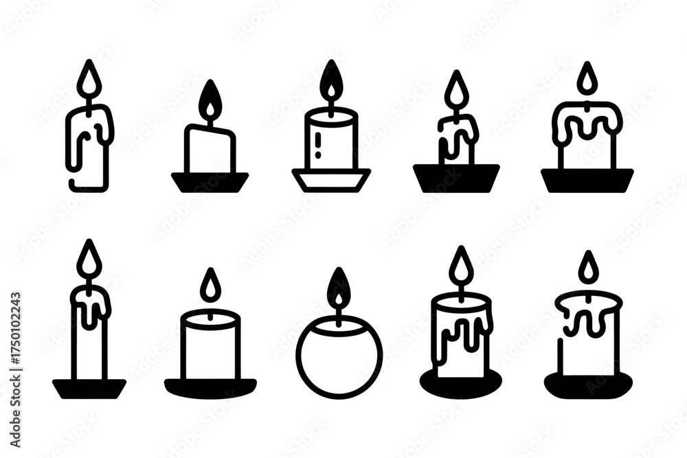 Fototapeta premium Set of Candle Icons with Burning Flame Vector Illustration for Decorative and Religious Concepts and Celebrations