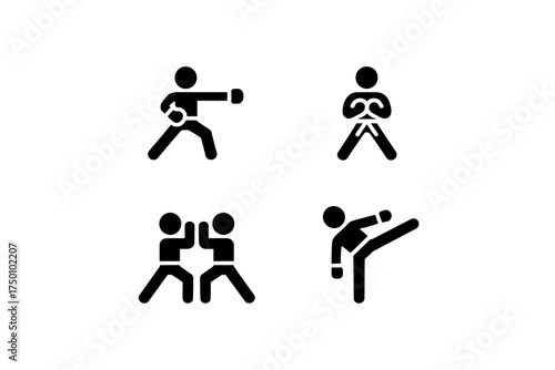 Set of Martial Arts Poses and Fighting Stances Represented by Simple Black Pictograms on a Clean White Background