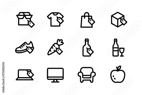 Set of Minimalist Online Shopping Icons Representing Diverse Products with Price Tags Concept for Ecommerce Platforms and Retail Businesses