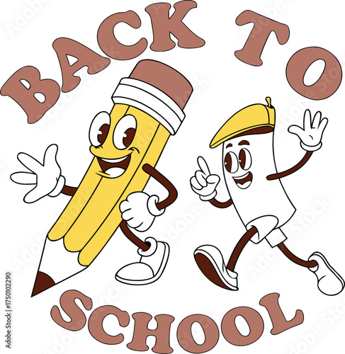 Back to school. Cute retro mascot pen and pencil vector . Cartoon supplies character for poster, banner, sale, online shopping
