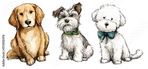 Charming watercolor illustration of three different dog breeds sitting together.