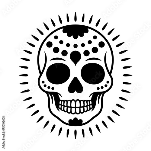Elegant Black and White Sugar Skull Illustration for Day of the Dead Celebration and Artistic Design