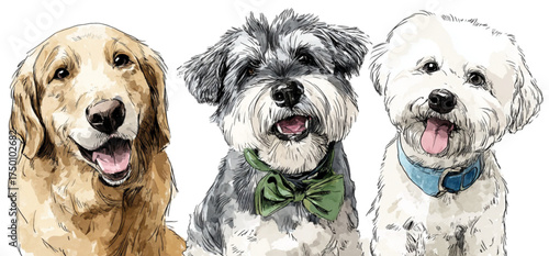 Charming watercolor illustration of three happy dogs sitting together.