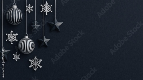 Black and White Christmas Ornaments With Snowflakes and Stars Hanging on a Da...