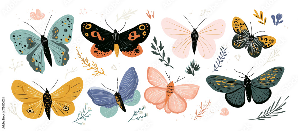 Fototapeta premium Beautiful collection of colorful hand-drawn butterflies and moths.