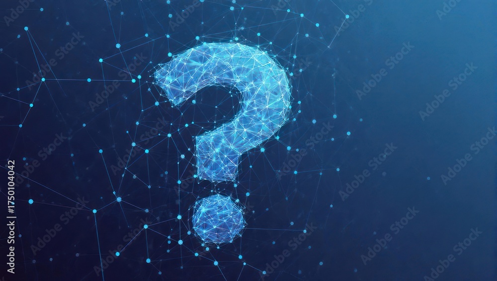Naklejka premium A stylized, glowing blue question mark made from interconnected digital nodes against a dark background