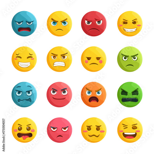 Set of colorful angry emoticons with various expressions.