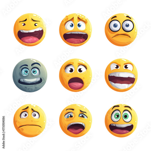 A collection of nine colorful 3D cartoon emoji faces.