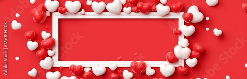 Festive Heart Decorations With White and Red Balloons on a Bright Red Background