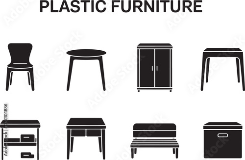 Collection of Various Plastic Furniture Items Illustrated as Simple Black Icons with Minimalist Design Aesthetics Representing Modern Household Decor