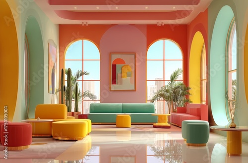 Modern Living Room With Colorful Walls and Stylish Furniture in Bright Sunlight