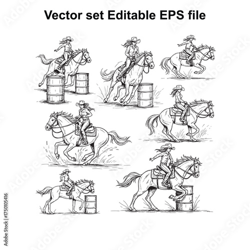 Vector art of vector set of cowgirls riding horses and jumping barrels, , editable eps file, depicting rodeo action and equestrian sport