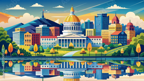 Very beautiful Charleston, West Virginia State Capitol and skyline along the Kanawha River, vector-style panoramic landscape highlighting reflections and civic pride.