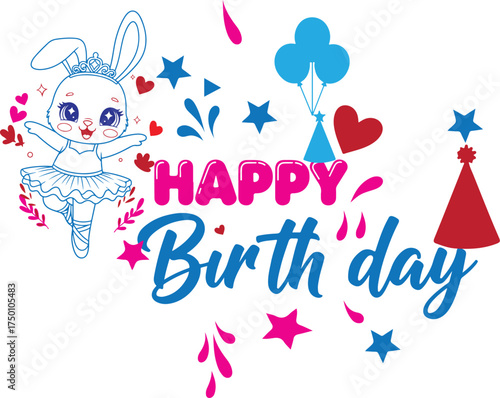 Cute Ballerina Bunny Happy Birthday Vector Icon