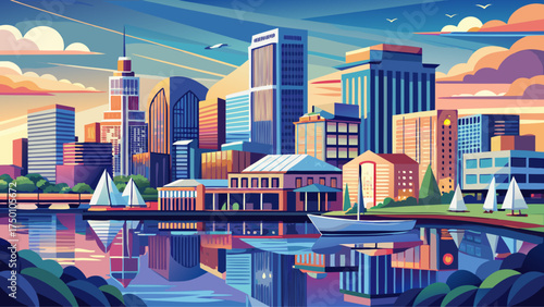 Very beautiful Norfolk, Virginia downtown on the Elizabeth River, vector-style waterfront cityscape with calm waves and modern architecture.
