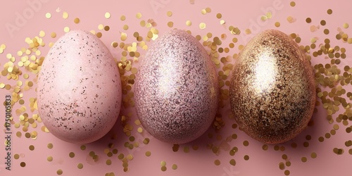 Colorful Glitter Eggs Arranged on a Pink Background With Gold Confetti for a ...