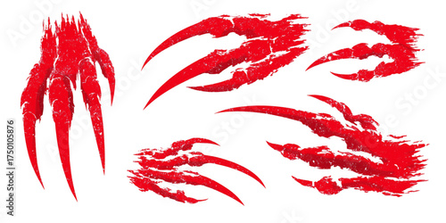 Red monster claw scratches and bloody tear marks set.