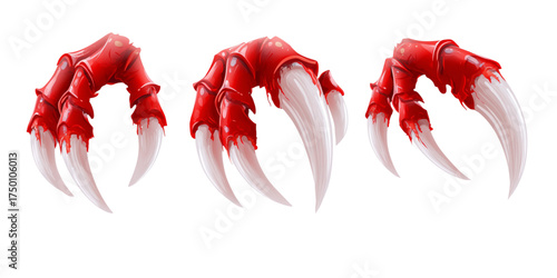 Set of three red monster claws with sharp white talons isolated on a white background.