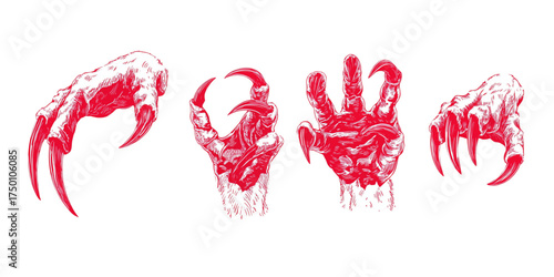Set of four monstrous bloody claws in different poses.