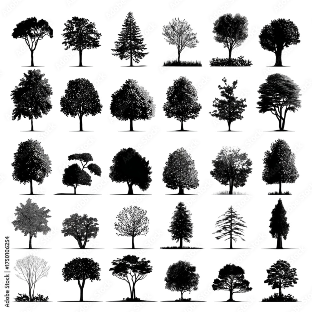 Fototapeta premium Collection of Thirty Different Tree Silhouettes Isolated on White Background.