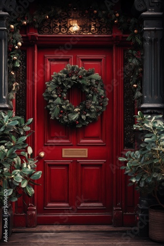 Festive Red Door Decorated With Greenery and a Wreath in a Charming Urban Set...