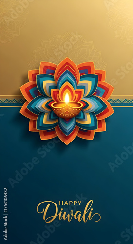 Colorful Happy Diwali vertical background with papercraft lotus flower and diya