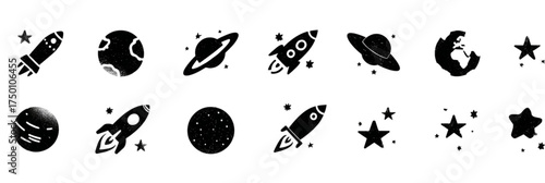Grunge style space icons collection with planets and rockets.
