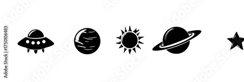 Set of black hand drawn space icons illustration.
