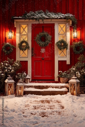 Charming Red Door With Holiday Wreaths and Lanterns in a Snowy Winter Scene
