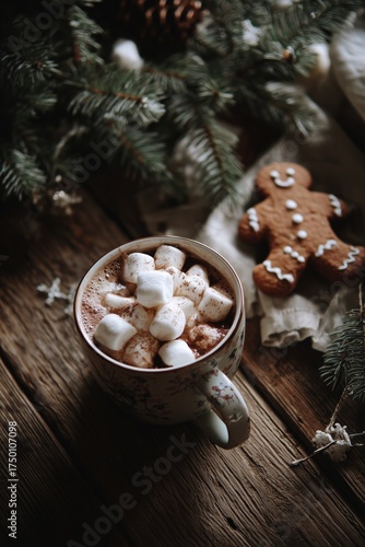 Warm Mug of Hot Chocolate With Marshmallows Beside a Gingerbread Cookie in a ...