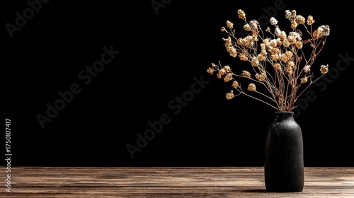 Elegant Dried Flower Arrangement in Black Vase Against Dark Wall and Wooden F...