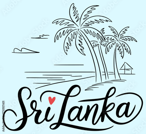 Sri Lanka Hand Lettering with Beach Palm Trees Ocean Landscape Line Art Travel Calligraphy Vector Illustration