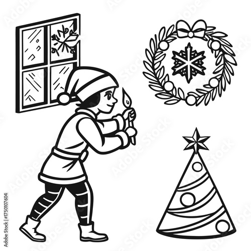 Charming line art christmas scene with elf candle wreath and tree design element isolated on transparent background