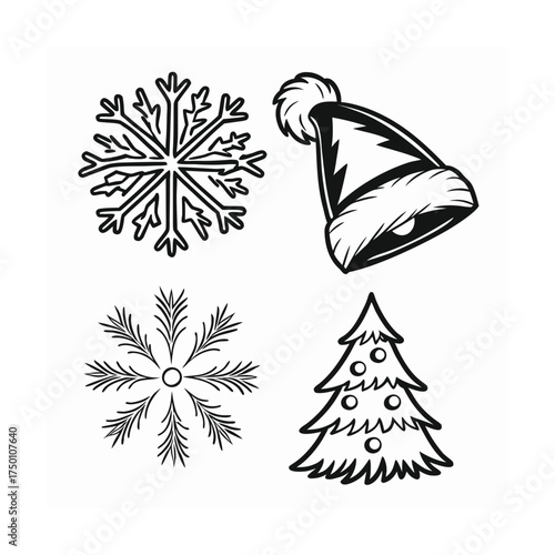 Hand drawn christmas icons snowflake santa hat and pine tree festive winter symbols isolated on transparent background